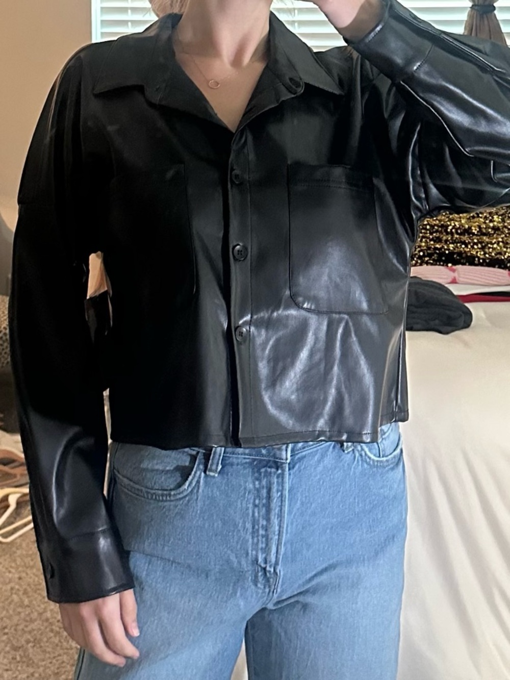 Black Faux Leather Cropped Button-Front Jacket - Women